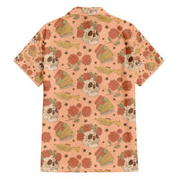 Orange short-sleeve Hawaiian shirt with sugar skull, marigold flower, and guitar pattern
