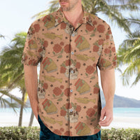 Mens orange Hawaiian button-up shirt with sugar skull, marigold flower, and guitar print