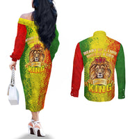 King's African Spirit Couples Matching Off The Shoulder Long Sleeve Dress and Long Sleeve Button Shirt Heart of A Lion