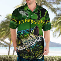 Green Hawaiian shirt on man with Father's Day bass fishing print, short sleeves
