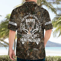 Camo back view Hawaiian shirt with deer antlers and 'HUNTING DEER' text, short sleeves