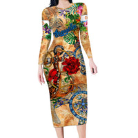 Anguilla Family Matching Long Sleeve Bodycon Dress and Hawaiian Shirt Geographic Coordinate Anchor - Turlte Tropical