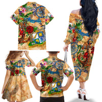 Anguilla Family Matching Off The Shoulder Long Sleeve Dress and Hawaiian Shirt Geographic Coordinate Anchor - Turlte Tropical