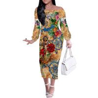 Anguilla Family Matching Off The Shoulder Long Sleeve Dress and Hawaiian Shirt Geographic Coordinate Anchor - Turlte Tropical