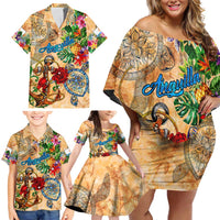 Anguilla Family Matching Off Shoulder Short Dress and Hawaiian Shirt Geographic Coordinate Anchor - Turlte Tropical