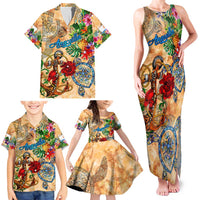 Anguilla Family Matching Tank Maxi Dress and Hawaiian Shirt Geographic Coordinate Anchor - Turlte Tropical