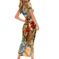 Anguilla Short Sleeve Bodycon Dress Geographic Coordinate Anchor - Turlte Tropical