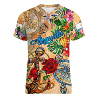 Anguilla Women V-Neck T-Shirt Geographic Coordinate Anchor - Turlte Tropical