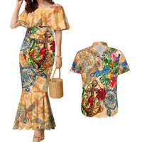 Aruba Couples Matching Mermaid Dress and Hawaiian Shirt Geographic Coordinate Anchor - Turlte Tropical