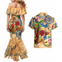 Aruba Couples Matching Mermaid Dress and Hawaiian Shirt Geographic Coordinate Anchor - Turlte Tropical