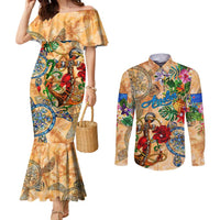 Aruba Couples Matching Mermaid Dress and Long Sleeve Button Shirt Geographic Coordinate Anchor - Turlte Tropical