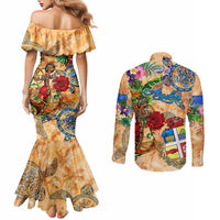 Aruba Couples Matching Mermaid Dress and Long Sleeve Button Shirt Geographic Coordinate Anchor - Turlte Tropical