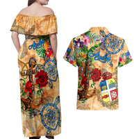 Aruba Couples Matching Off Shoulder Maxi Dress and Hawaiian Shirt Geographic Coordinate Anchor - Turlte Tropical