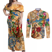 Aruba Couples Matching Off Shoulder Maxi Dress and Long Sleeve Button Shirt Geographic Coordinate Anchor - Turlte Tropical