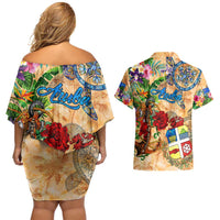 Aruba Couples Matching Off Shoulder Short Dress and Hawaiian Shirt Geographic Coordinate Anchor - Turlte Tropical