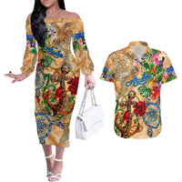 Aruba Couples Matching Off The Shoulder Long Sleeve Dress and Hawaiian Shirt Geographic Coordinate Anchor - Turlte Tropical