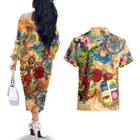 Aruba Couples Matching Off The Shoulder Long Sleeve Dress and Hawaiian Shirt Geographic Coordinate Anchor - Turlte Tropical