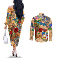 Aruba Couples Matching Off The Shoulder Long Sleeve Dress and Long Sleeve Button Shirt Geographic Coordinate Anchor - Turlte Tropical