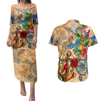 Aruba Couples Matching Puletasi and Hawaiian Shirt Geographic Coordinate Anchor - Turlte Tropical