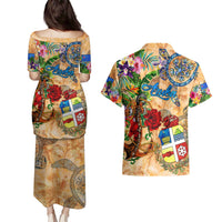 Aruba Couples Matching Puletasi and Hawaiian Shirt Geographic Coordinate Anchor - Turlte Tropical