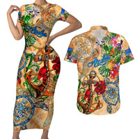 Aruba Couples Matching Short Sleeve Bodycon Dress and Hawaiian Shirt Geographic Coordinate Anchor - Turlte Tropical