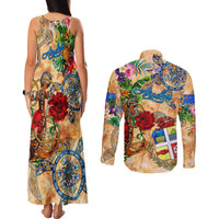 Aruba Couples Matching Tank Maxi Dress and Long Sleeve Button Shirt Geographic Coordinate Anchor - Turlte Tropical