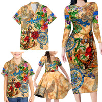 Aruba Family Matching Long Sleeve Bodycon Dress and Hawaiian Shirt Geographic Coordinate Anchor - Turlte Tropical