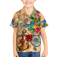 Aruba Family Matching Off The Shoulder Long Sleeve Dress and Hawaiian Shirt Geographic Coordinate Anchor - Turlte Tropical