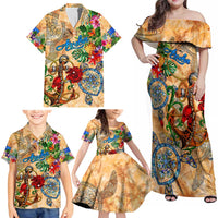 Aruba Family Matching Off Shoulder Maxi Dress and Hawaiian Shirt Geographic Coordinate Anchor - Turlte Tropical