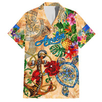 Aruba Family Matching Off Shoulder Short Dress and Hawaiian Shirt Geographic Coordinate Anchor - Turlte Tropical