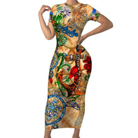 Aruba Family Matching Short Sleeve Bodycon Dress and Hawaiian Shirt Geographic Coordinate Anchor - Turlte Tropical