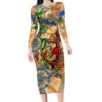 Aruba Long Sleeve Bodycon Dress Geographic Coordinate Anchor - Turlte Tropical