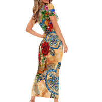 Aruba Short Sleeve Bodycon Dress Geographic Coordinate Anchor - Turlte Tropical