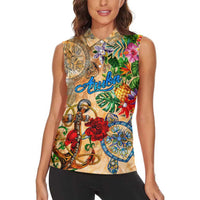 Aruba Women Sleeveless Polo Shirt Geographic Coordinate Anchor - Turlte Tropical