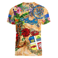 Aruba Women V-Neck T-Shirt Geographic Coordinate Anchor - Turlte Tropical