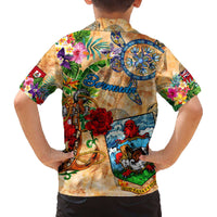 Bermuda Family Matching Off The Shoulder Long Sleeve Dress and Hawaiian Shirt Geographic Coordinate Anchor - Turlte Tropical