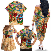 Bermuda Family Matching Off The Shoulder Long Sleeve Dress and Hawaiian Shirt Geographic Coordinate Anchor - Turlte Tropical