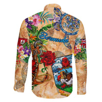 Bermuda Family Matching Off The Shoulder Long Sleeve Dress and Hawaiian Shirt Geographic Coordinate Anchor - Turlte Tropical