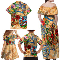 Bermuda Family Matching Off Shoulder Maxi Dress and Hawaiian Shirt Geographic Coordinate Anchor - Turlte Tropical