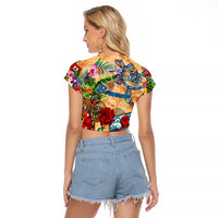 Bermuda Raglan Cropped T Shirt Geographic Coordinate Anchor - Turlte Tropical
