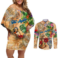 Sint Maarten Couples Matching Off Shoulder Short Dress and Long Sleeve Button Shirt Geographic Coordinate Anchor - Turlte Tropical