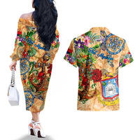 Sint Maarten Couples Matching Off The Shoulder Long Sleeve Dress and Hawaiian Shirt Geographic Coordinate Anchor - Turlte Tropical
