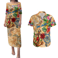 Sint Maarten Couples Matching Puletasi and Hawaiian Shirt Geographic Coordinate Anchor - Turlte Tropical