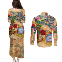 Sint Maarten Couples Matching Puletasi and Long Sleeve Button Shirt Geographic Coordinate Anchor - Turlte Tropical