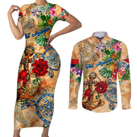 Sint Maarten Couples Matching Short Sleeve Bodycon Dress and Long Sleeve Button Shirt Geographic Coordinate Anchor - Turlte Tropical