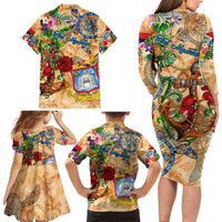 Sint Maarten Family Matching Long Sleeve Bodycon Dress and Hawaiian Shirt Geographic Coordinate Anchor - Turlte Tropical