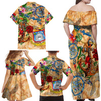 Sint Maarten Family Matching Off Shoulder Maxi Dress and Hawaiian Shirt Geographic Coordinate Anchor - Turlte Tropical