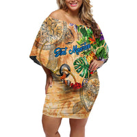 Sint Maarten Family Matching Off Shoulder Short Dress and Hawaiian Shirt Geographic Coordinate Anchor - Turlte Tropical