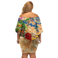 Sint Maarten Family Matching Off Shoulder Short Dress and Hawaiian Shirt Geographic Coordinate Anchor - Turlte Tropical