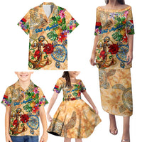 Sint Maarten Family Matching Puletasi and Hawaiian Shirt Geographic Coordinate Anchor - Turlte Tropical